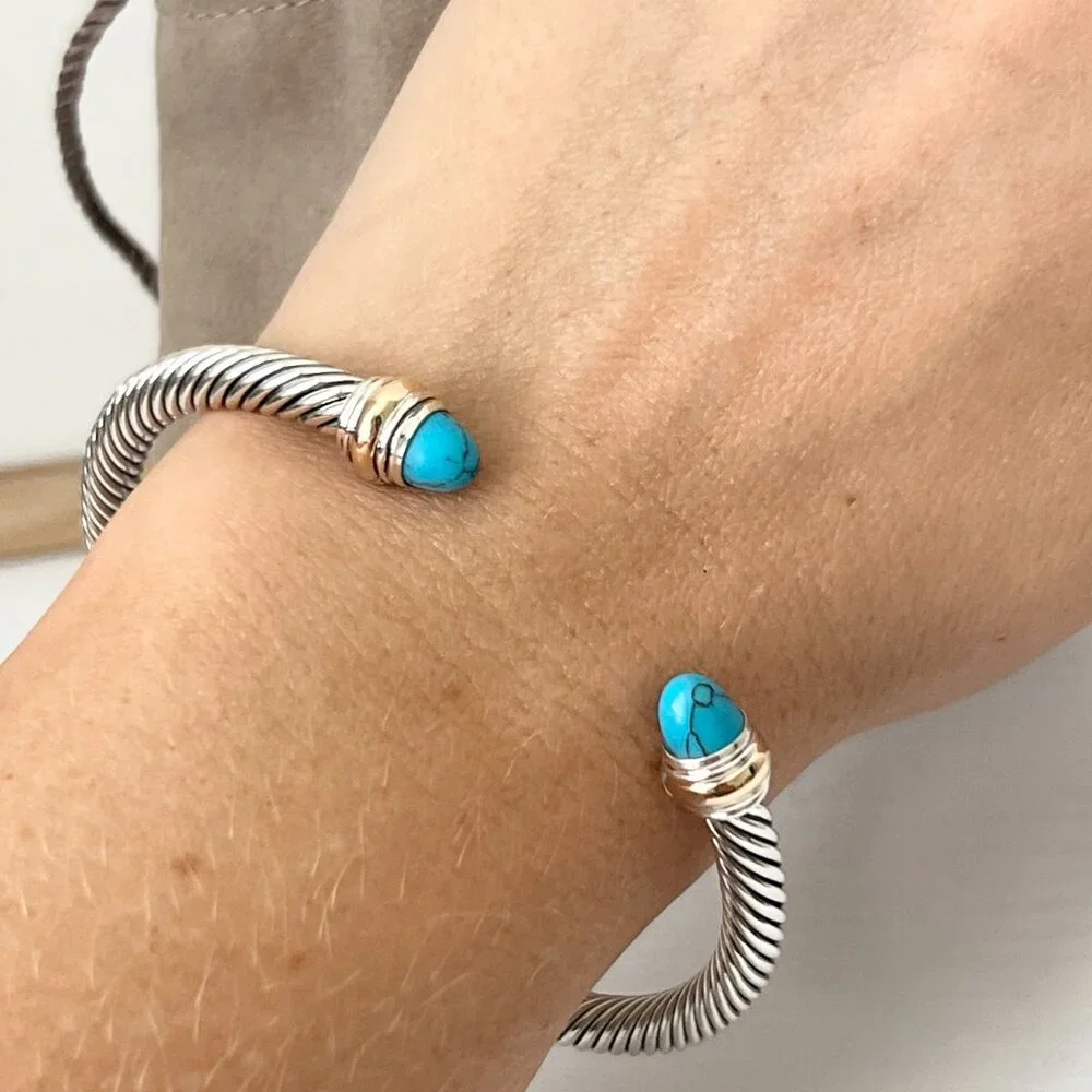 Sterling Silver with Gold 5mm Turquoise Cable Cuff Bangle Bracelet With 14K Gold - Picture 4 of 5